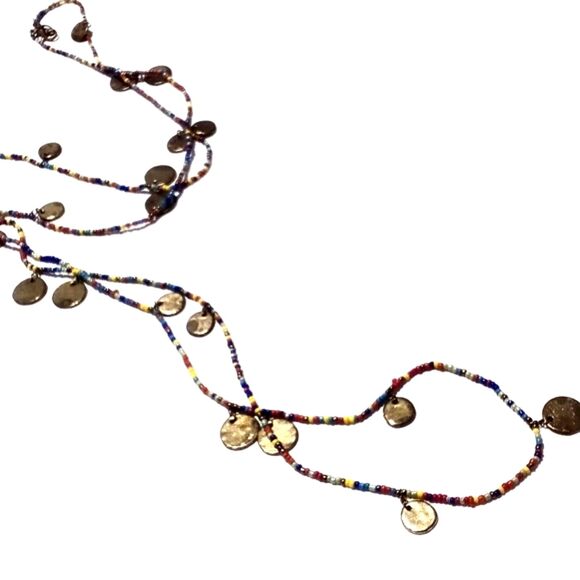 Boho Inspired Multi Color Seed Bead and Gold Disc Charm Necklace - Picture 5 of 6